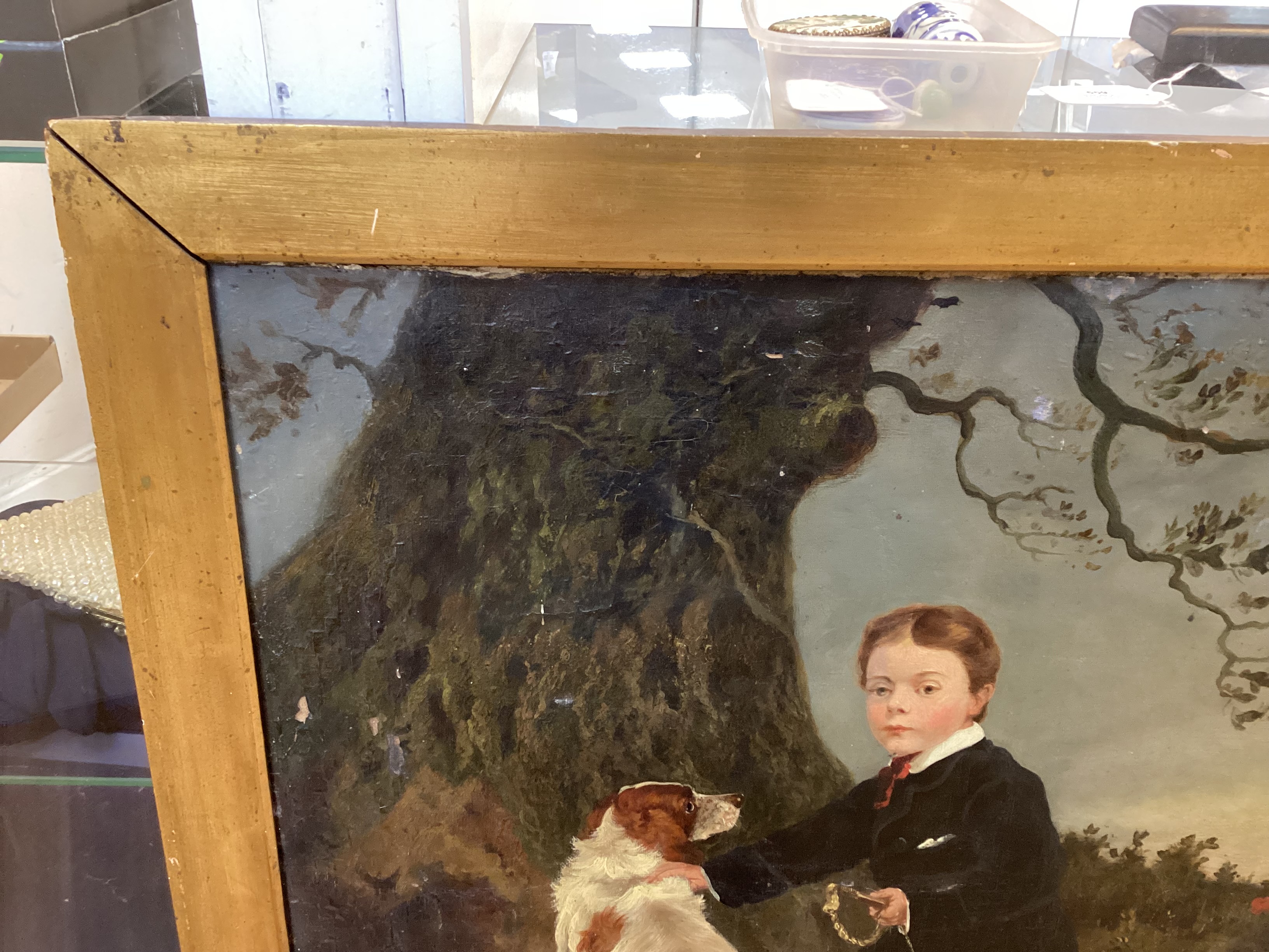 Victorian School, oil on canvas, Boy with his dog before a landscape, indistinctly signed and dated 1877, 60 x 50cm